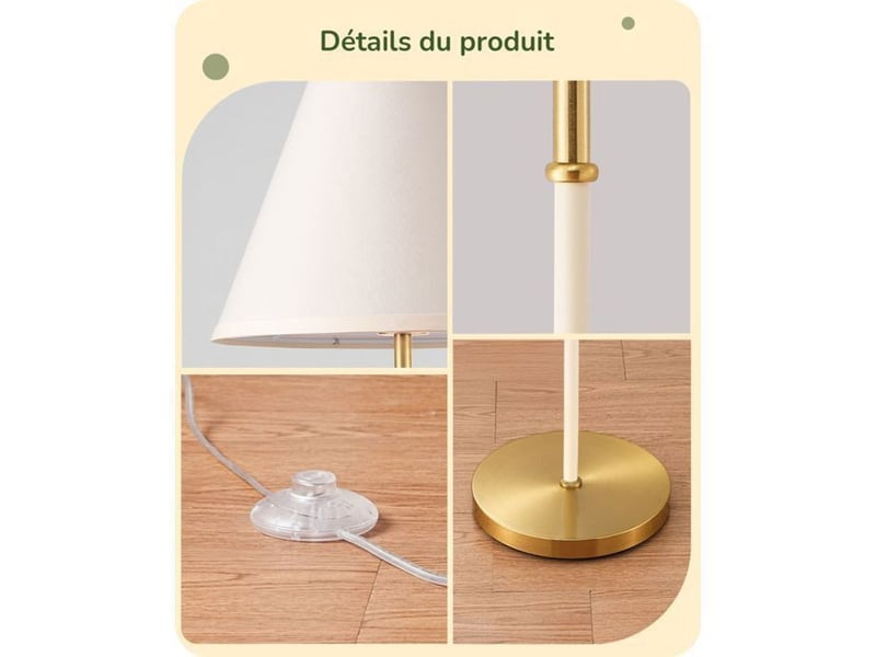  Lampadaire retro conique e27 2700k interrupteur au pied base dorée, abat-jour coton lin blanc cassé 370618_AADAW88482_6_DROPFR - Conforama D