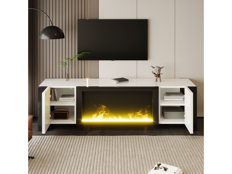 Meuble tv 165x32x55 cm, cheminée décorative sans chauffage, 2 portes, panneau de particules, blanc et noir  - Conforama B