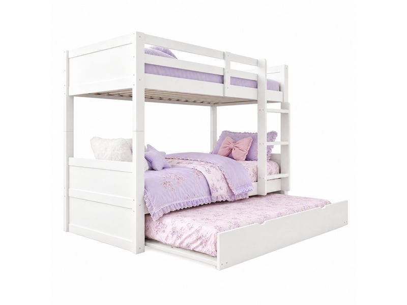  Lit superposé 3 places 90×200 cm avec lit gigogne, barrière et échelle, sans matelas - okmyhome- en bois blanc  - Conforama A