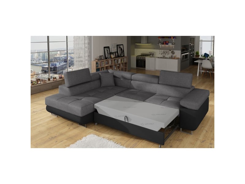  Canapé d'angle convertible menton gris et noir – angle gauche avec coffre  - Conforama D