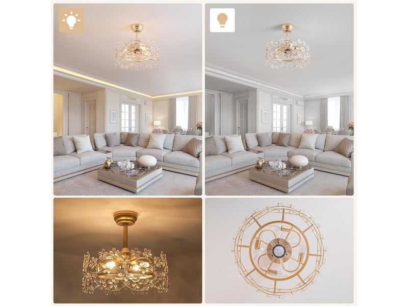  Ventilateur de plafond 50cm (20 pouces) avec lumière en verre doré – cage fermée, télécommande, 6 vitesses, pour chambre et salon  - Conforama D