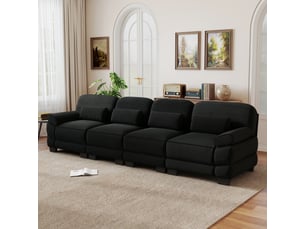 Canapé modulable 4 places, tissu cord doux et agréable, coussins lombaires, salon, connecteurs pour structure stable, noir