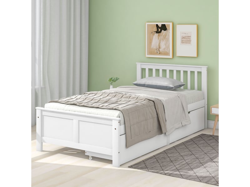  Lit simple 90x200cm avec tiroirs de rangement, lit en bois pour adolescents et adultes avec tiroirs de rangement, cadre en pin blanc  - Conforama R
