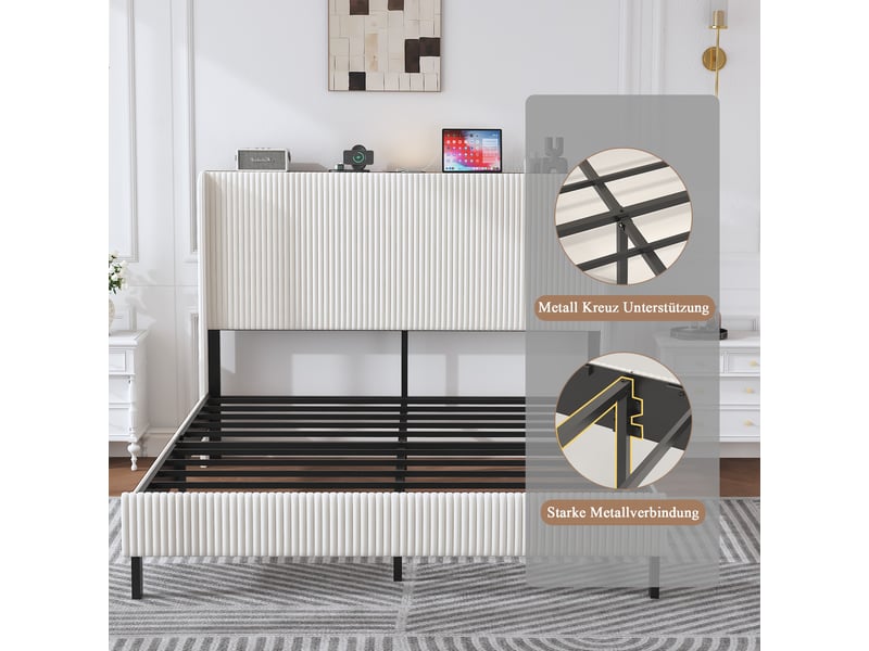  Lit double 180x200 cm avec sommier à lattes, lit double rembourré avec tête de lit en tissu, blanc, lit 2 personnes  - Conforama R