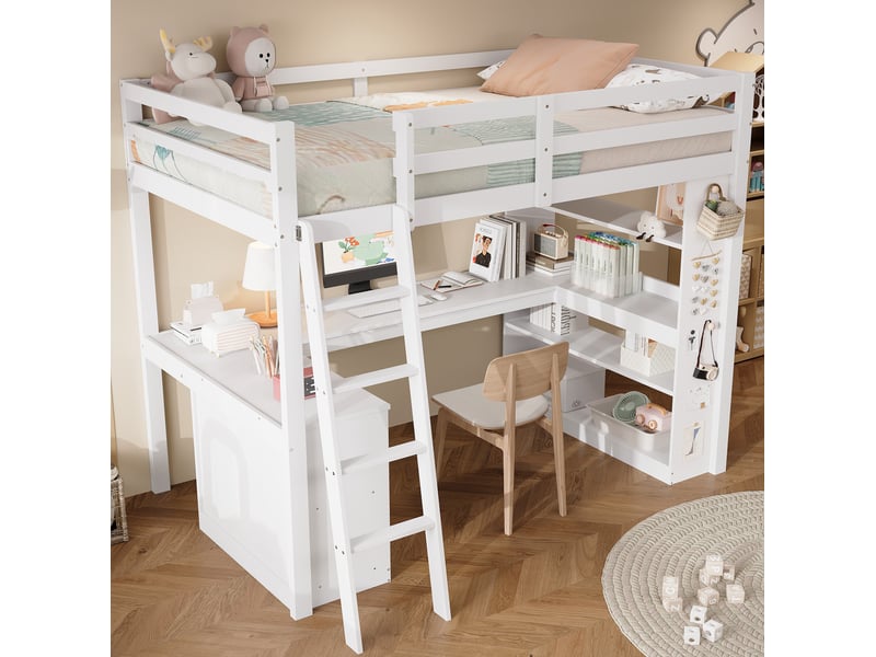 Lit mezzanine enfant 90x200 cm avec rangement, tablette d'angle et échelle inclinée, bois et mdf, blanc, sans matelas  - Conforama D