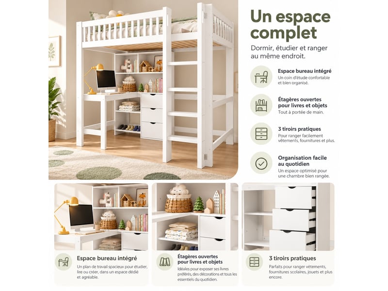  Lit mezzanine enfant 90 x 200 cm en bois avec bureau, étagères, 3 tiroirs, échelle et garde-corps, gain de place, blanc  - Conforama D