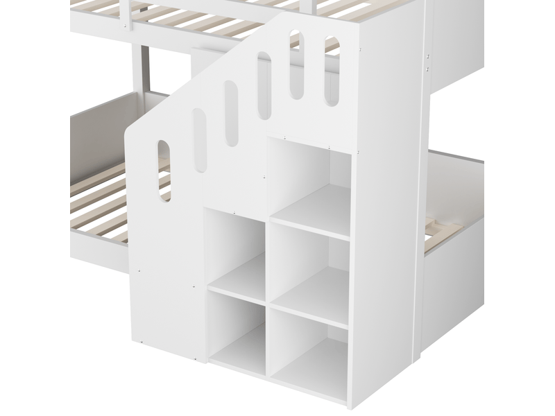  Lit superposé enfant 90x200 cm avec escalier de rangement bois blanc sans matelas  - Conforama D