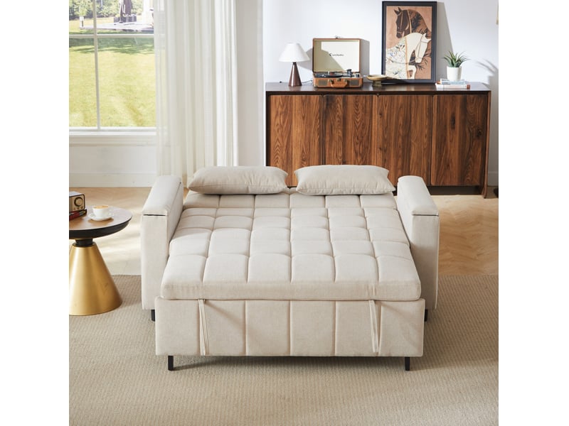 Canapé convertible 2 places 3 en 1 avec rangement d'accoudoirs et poches latérales en chenille beige - Conforama E