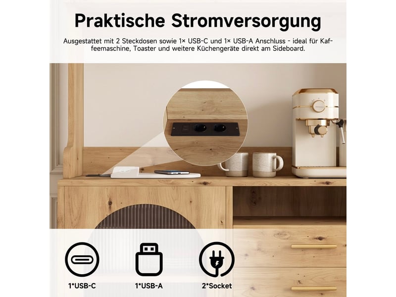  Buffet haut salle à manger 100.5x40x178 cm avec rangements multiples, prise intégrée, ports usb-c et usb-a, naturel  - Conforama D