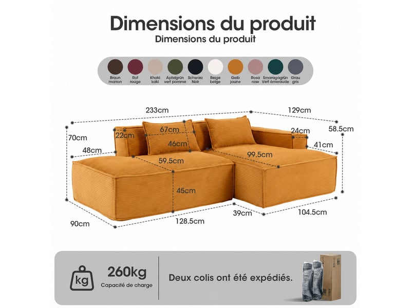 Canapé droit compact à ressorts ensachés - polyester rembourré jaune moutarde 235 × 129 × 70 cm - Conforama D