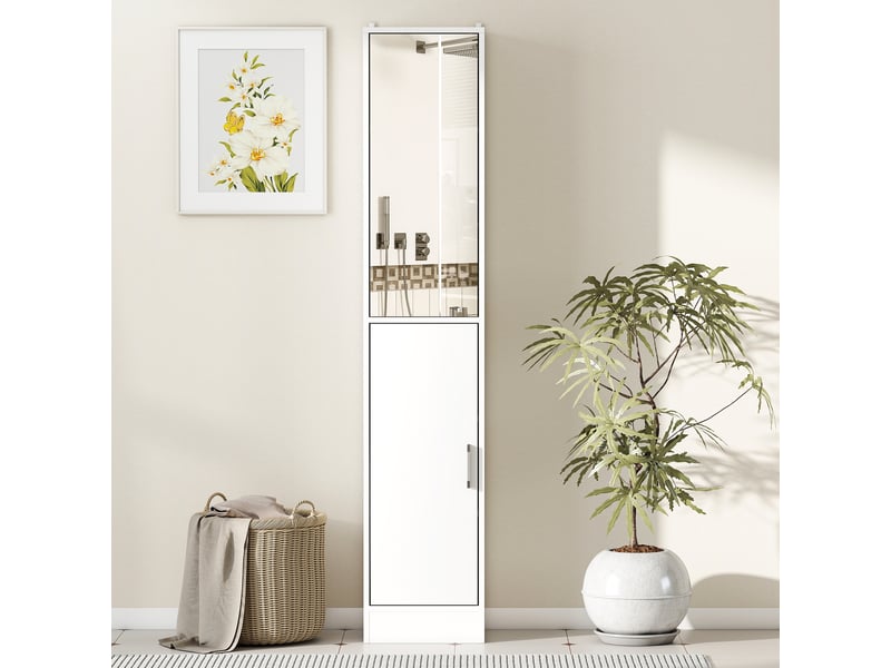  Meuble colonne salle de bain avec miroir, meuble de rangement à 6 niveaux 2 portes étagères réglables 32x28x162cm blanc  - Conforama W