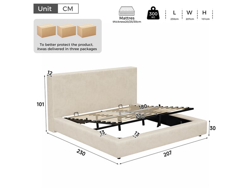  Lit coffre 180 × 200 cm en chenille beige avec sommier relevable Fay Lum - Conforama C