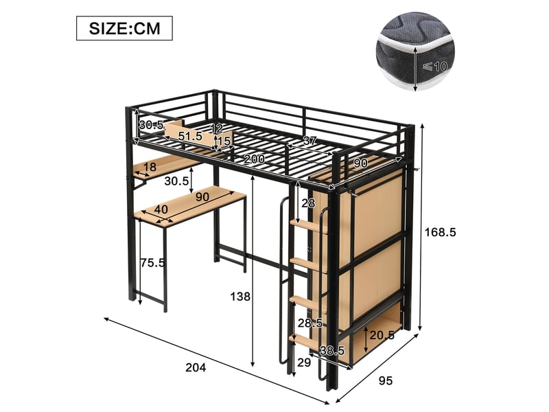  Lit mezzanine enfant 90x200 cm noir et naturel avec bureau et armoire  - Conforama C