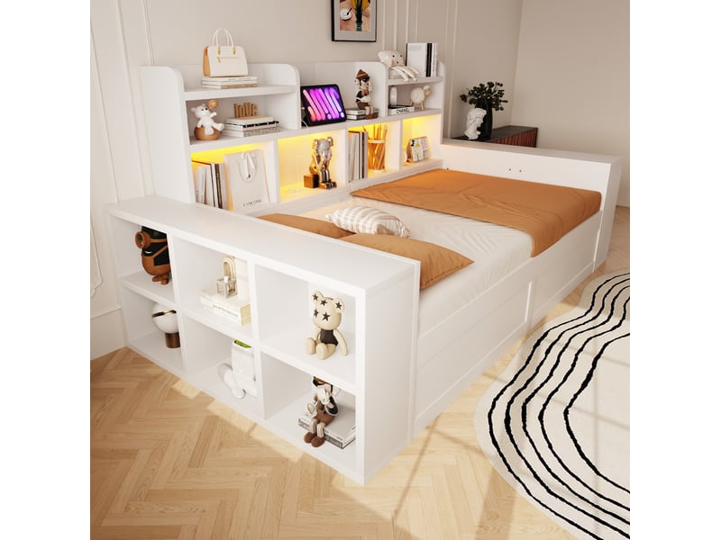  Canapé-lit multifonctionnel 90x200 cm avec rangement hydraulique, led et prises, mdf, coloris blanc, vendu sans matelas  - Conforama D
