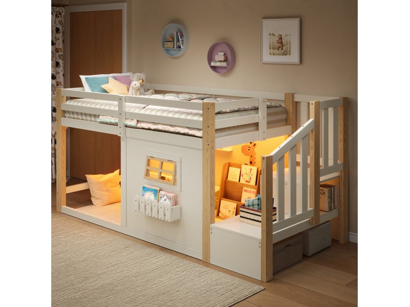  Lit mezzanine enfant 90x200 cm, escalier avec rangements, fenêtre, led, pin et mdf, naturel et blanc, sans matelas  - Conforama E