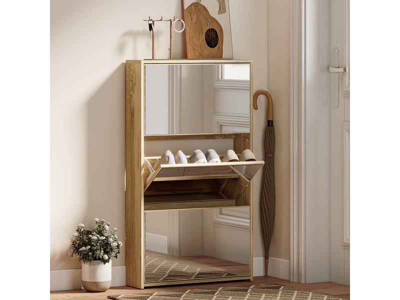  Meuble à chaussures d'entrée avec 3 portes et miroir, étagère à chaussures étroite pour 9 paires de chaussures, 65 x 17 x 114,5 cm, naturel  - Conforama B