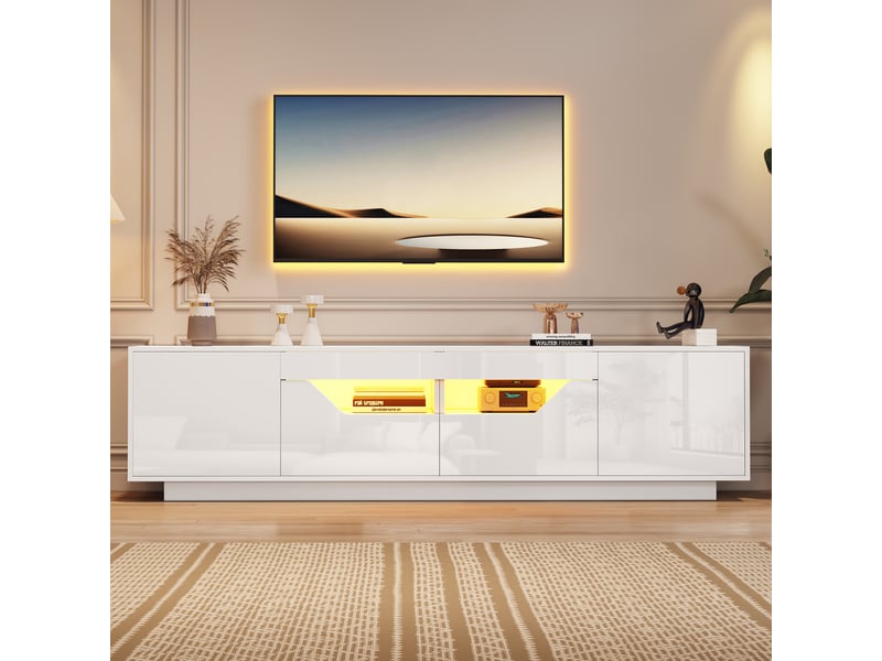  Meuble tv blanc brillant 180x40x45 cm – 2 tiroirs, 2 portes, led – tv jusqu'à 75 pouces  - Conforama D