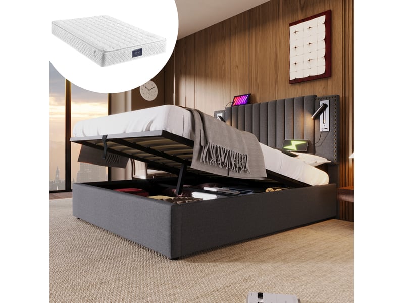  Lit coffre 140 × 200 cm 2 places avec rangement, led, 2 usb et 2 type-c, matelas inclus, tissu gris  - Conforama B
