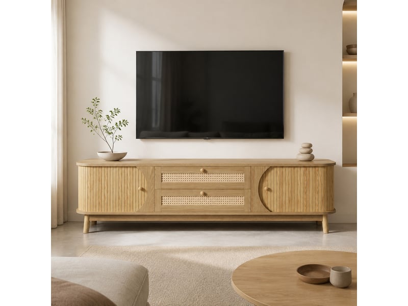  Meuble tv avec portes coulissantes et tiroirs en rotin, finition naturelle pour salon, bois massif, 170×39,5×46 cm  - Conforama B