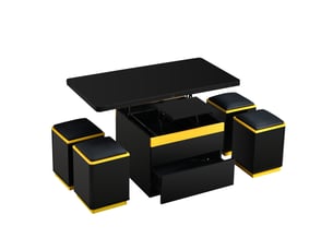 Table basse relevable avec 1 tiroir, niches ouvertes et 4 tabourets de rangement, en mdf, 100 × 50 × 43 cm, noir - uvrion