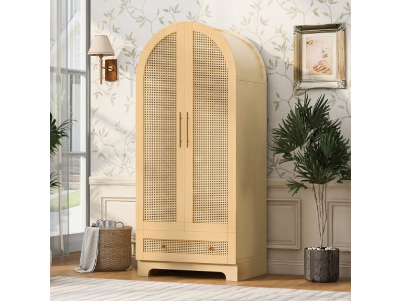 Armoire à deux portes en bois avec rotin synthétique, tiroirs et étagères - 70x55x170 cm - Conforama B