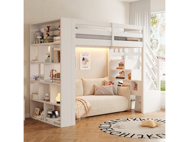  Lit mezzanine 90x200cm avec étagères, escalier de rangement, barrières de sécurité, éclairage led et sommier à lattes, bois, blanc evarich - Conforama E