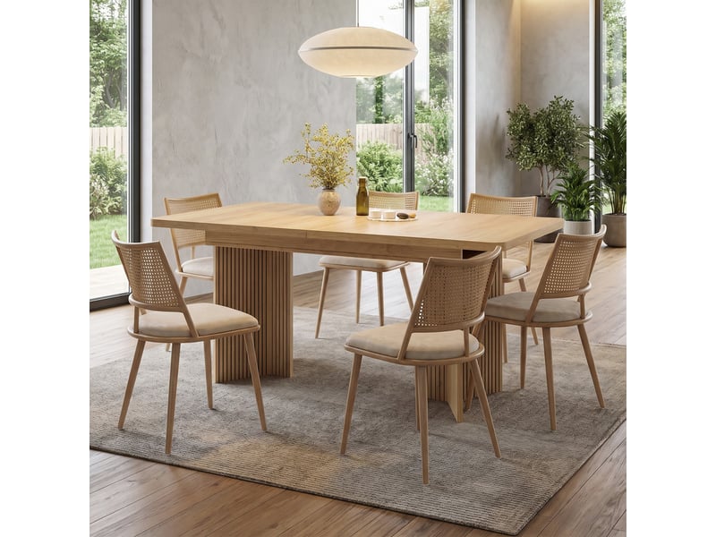  Ensemble table à manger extensible 120-160 cm + 6 chaises beiges purotin – piètement en v, rainurage vertical  - Conforama R