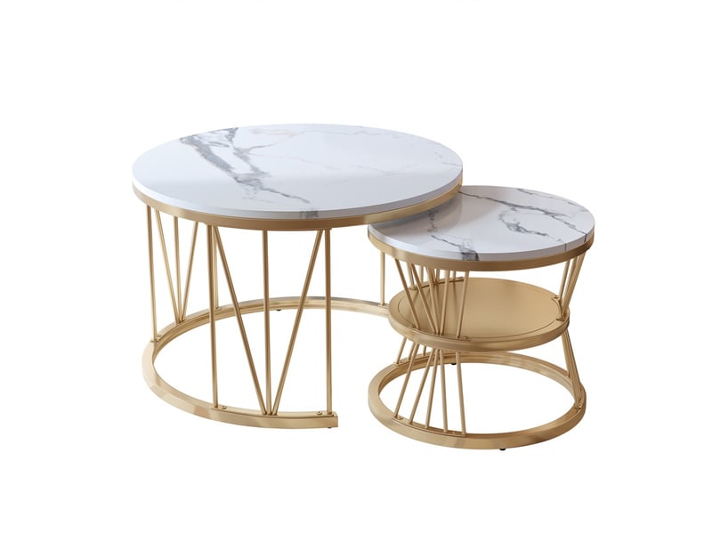 Lot de 2 tables basses ø70x45cm et ø45x40cm - tables gigognes rondes effet marbre, structure en v - doré et blanc - Conforama B
