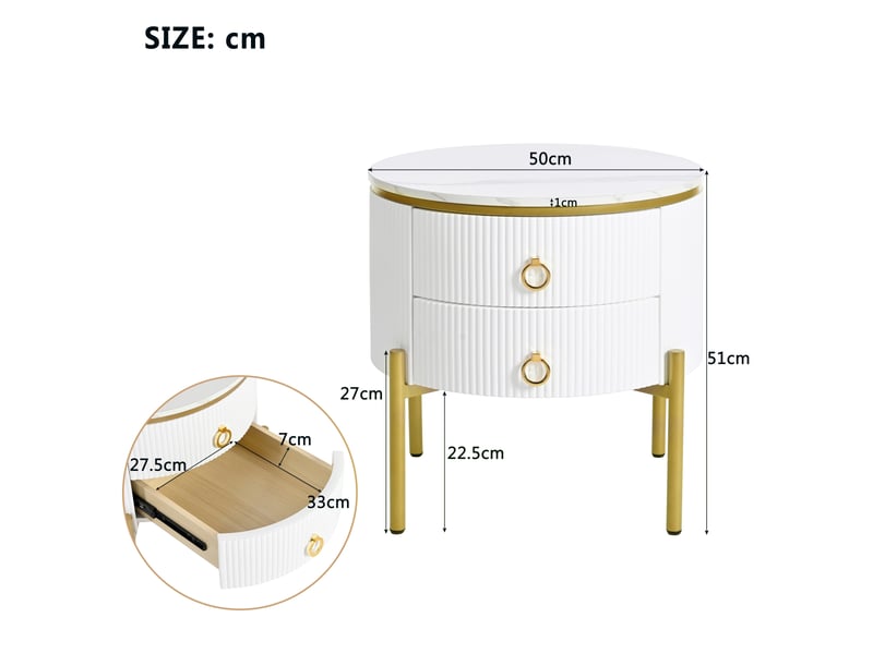  Table basse avec 2 tiroirs et pieds réglables pour salon en mdf ø50×51 cm blanc et or  - Conforama E
