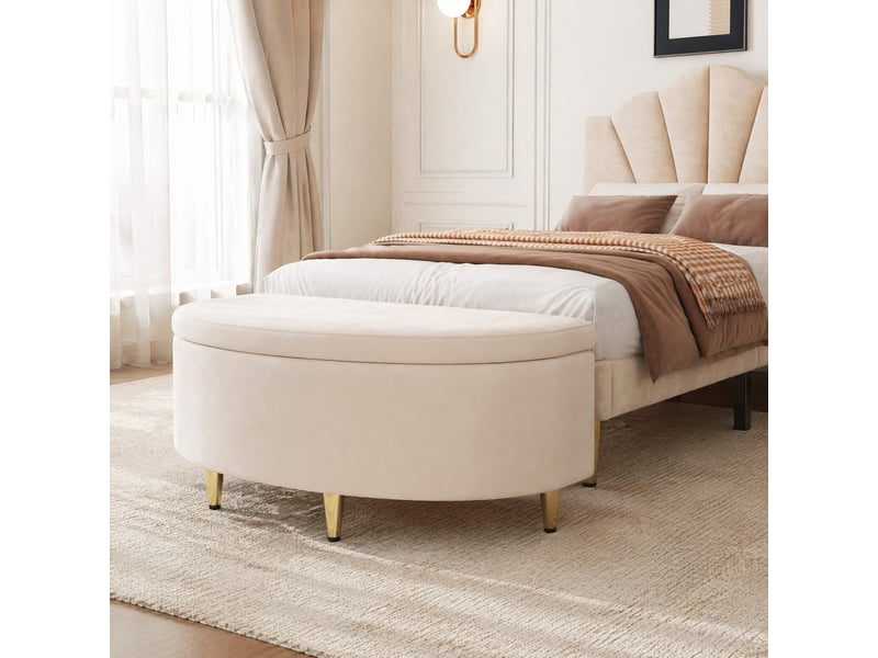 Banc coffre 90x40x42 cm en velours beige avec pieds en métal  - Conforama D
