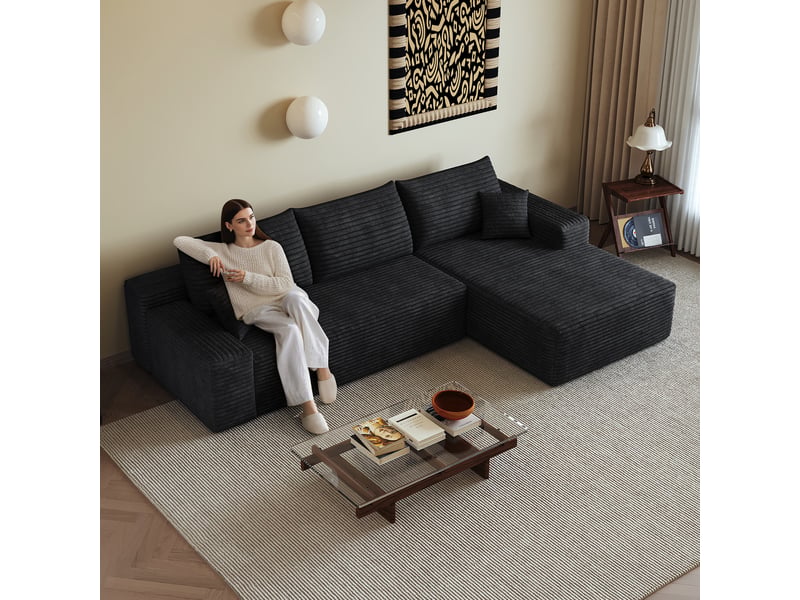  Canapé d'angle modulable noir 270 cm, canapé méridienne en l sans armature, assise profonde, sans montage  - Conforama R