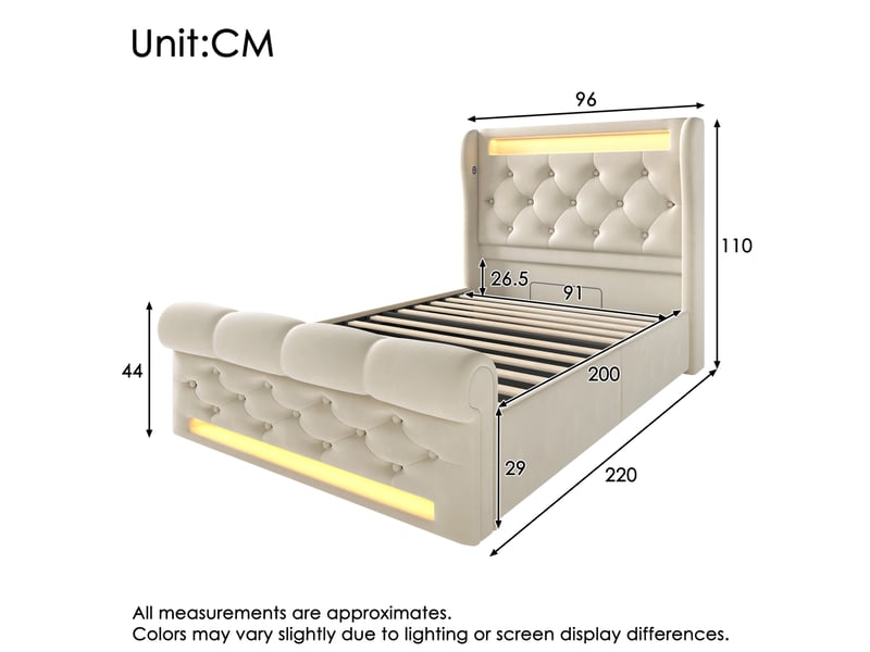 Lit coffre 1 place 90x200 cm en velours beige avec led, usb et usb-c - Conforama E