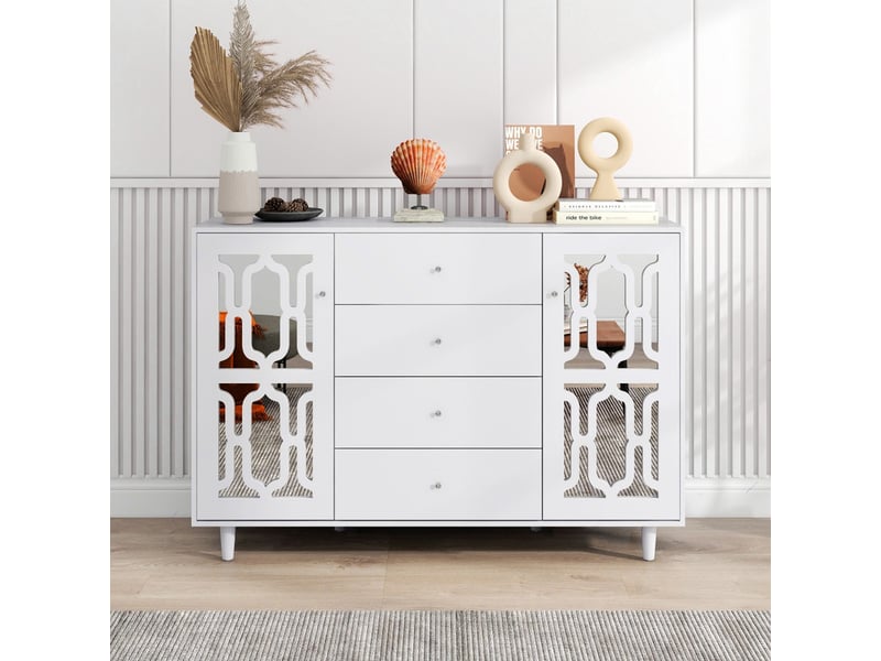  Buffet blanc, 147,5 x 40 x 102 cm, armoire, meuble de rangement, avec 2 miroir portes et 4 tiroirs, pour salon et salle à manger  - Conforama D