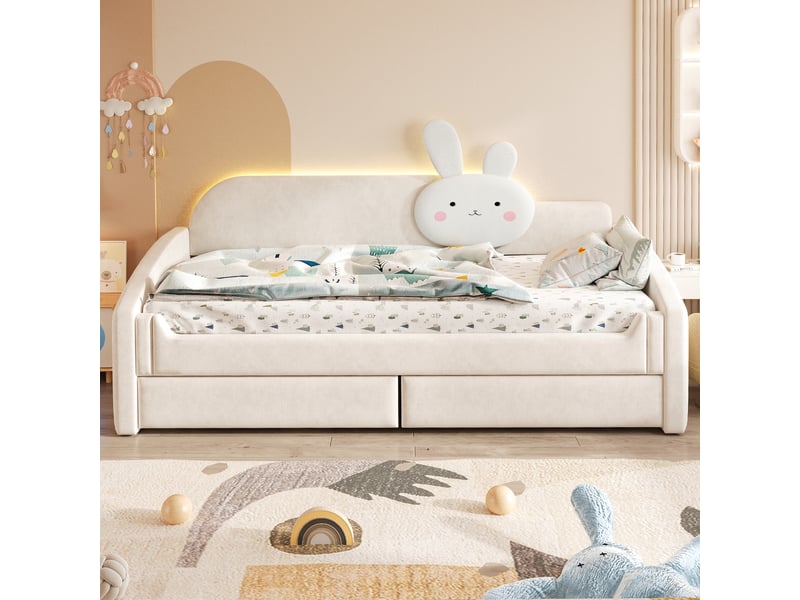  Lit banquette enfant 90 × 200 cm, 2 tiroirs, coussin lapin, côtés rembourrés, led, sommier à lattes, velours beige  - Conforama D