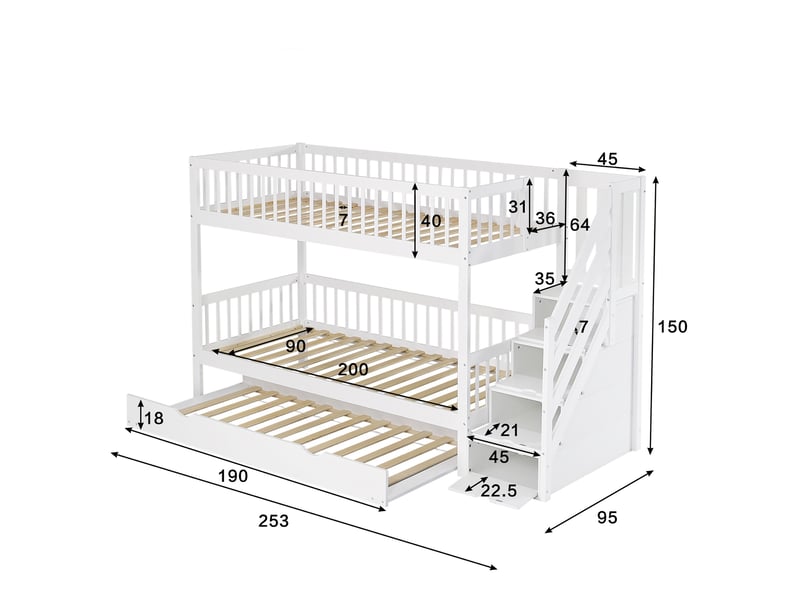  Lit superposé 90x200 cm, lit gigogne avec escalier de rangement, barrière de sécurité, en bois de pin et mdf gain de place, blanc  - Conforama E