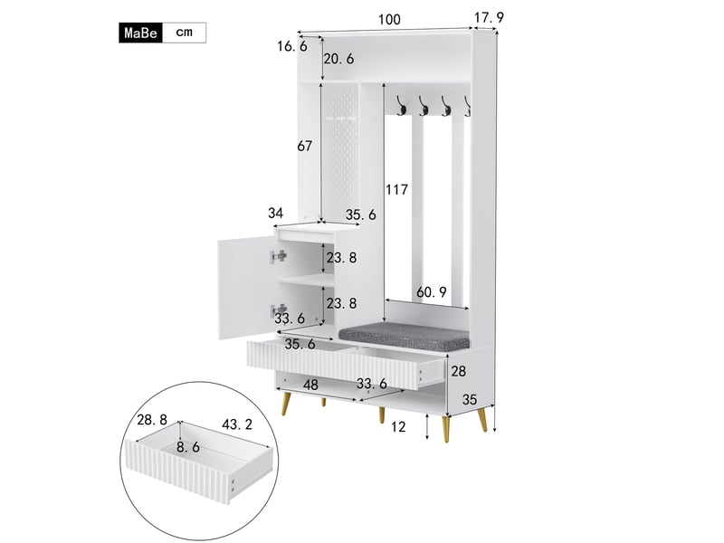  Meubles d'entrée 6 en 1 avec 1 porte, 2 tiroirs, 4 patères et banc pour couloir en mdf blanc 100 × 35 × 180 cm  - Conforama E
