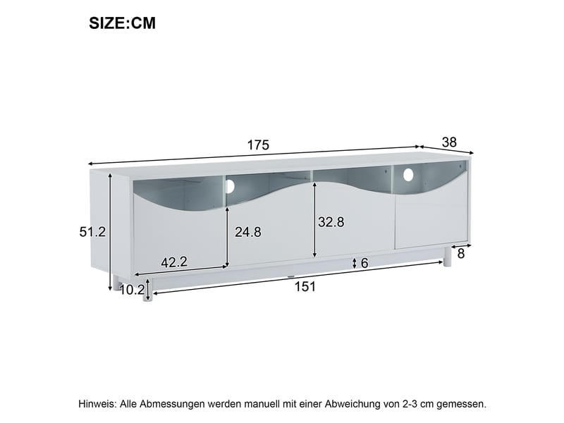  Meuble tv blanc laqué courbé 175x38x51 cm, porte en verre trempé, éclairage led pilotable via appli, mdf, sans poignée  - Conforama C