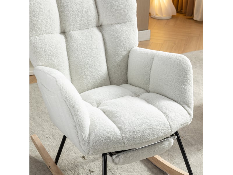  Fauteuil à bascule avec repose-pieds pliable et dossier haut ergonomique, en tissu bouclette blanc, 80 × 98 × 98,5 cm  - Conforama E