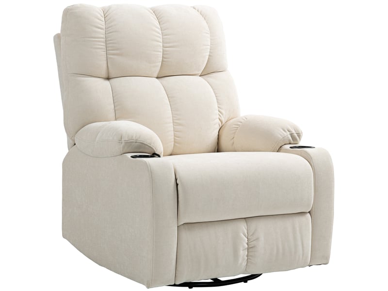  Fauteuil relax inclinable beige, pivotant et à bascule, repose-pieds manuel et deux porte-gobelets pour salon, tissu aspect lin  - Conforama A