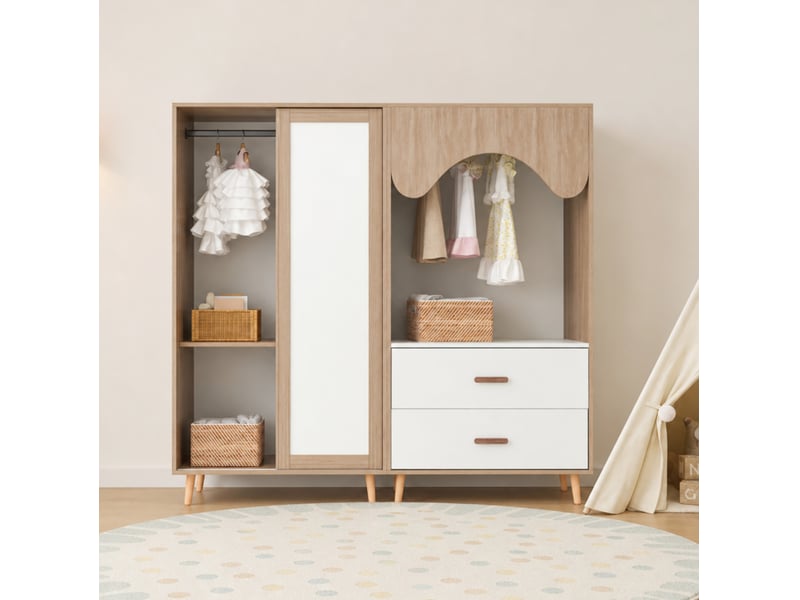  Armoire combinée tcqpz enfant avec porte coulissante, armoire ouverte, tiroirs et tringle, 160 x 46 x 141,5 cm, blanc et bois naturel  - Conforama E