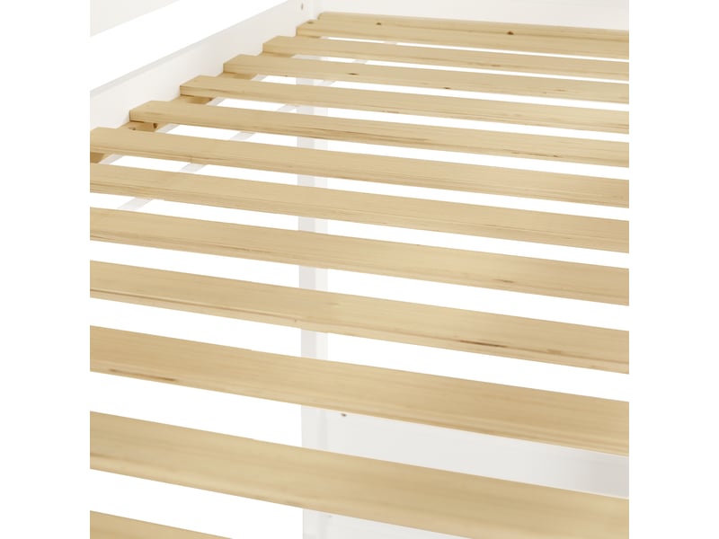 Lit superposé enfant 200×90 cm avec 3 fenêtres, échelle à marches et barrières sur quatre côtés, blanc et naturel - Conforama E