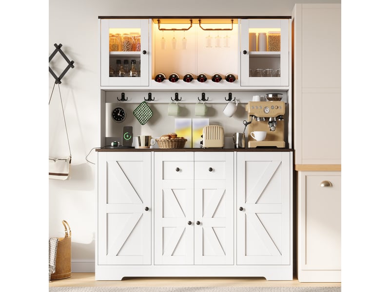 Buffet haut de cuisine 140x40x173 cm avec led rgb, 2 prises, 2 usb, casier à vin, porte-verres, portes acrylique, étagères réglables, mdf blanc - Conforama C