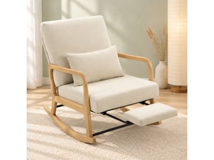 Fauteuil à bascule avec dossier réglable en 3 positions, repose-pieds et coussin lombaire en polyester crème