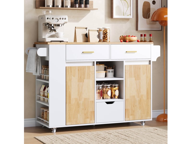  Desserte de cuisine avec plateau rabattable, 3 tiroirs et étagères, roulettes freinées pour cuisine, 120 × 45(71) × 90 cm  - Conforama B