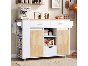 Desserte de cuisine avec plateau rabattable, 3 tiroirs et étagères, roulettes freinées pour cuisine, 120 × 45(71) × 90 cm