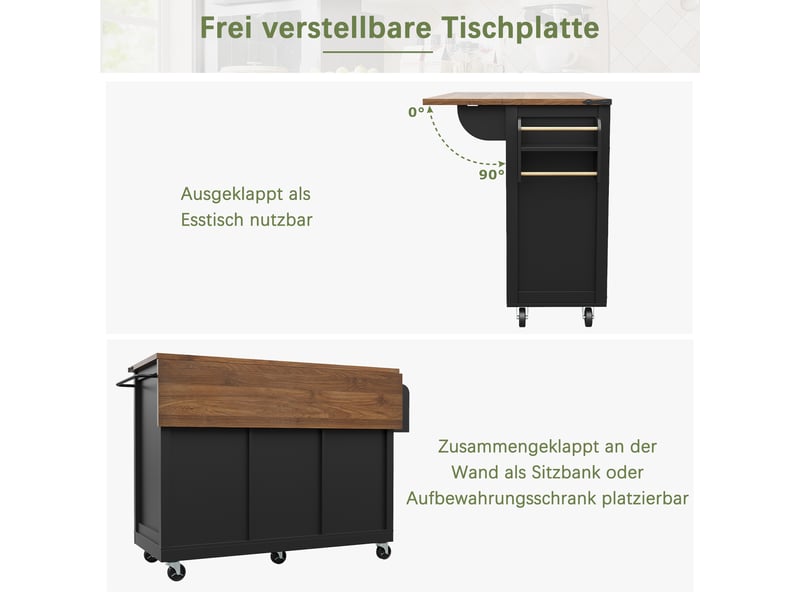  Desserte cuisine, îlot central sur roulettes avec plan de travail, plateau extensible, pivotant à 360°, dimensions 140 x 45 x 94 cm, mdf, noir  - Conforama E