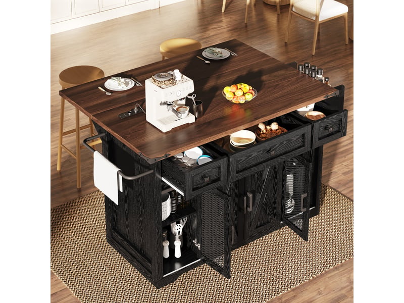  Îlot de cuisine sur roulettes noir avec plan de travail extensible, prises électriques intégrées, hauteur 91 cm  - Conforama B