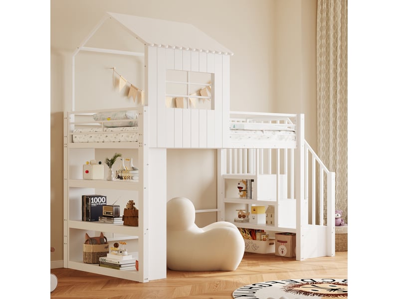  Lit mezzanine enfant, 90 x 200 cm, lit simple avec escalier aménagé, matelas non inclus, mdf et métal, coloris blanc  - Conforama D