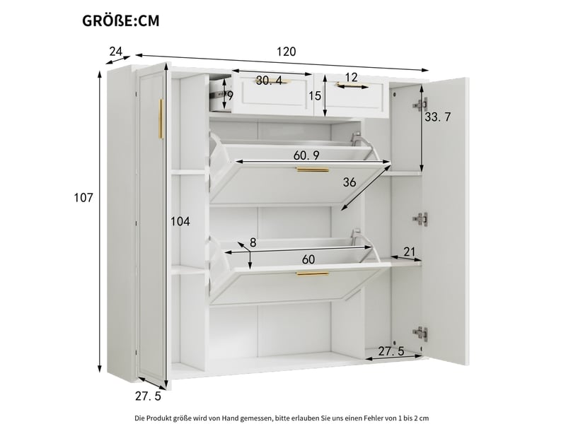  Meuble à chaussures 120x24x107 cm avec rangements réglables, 2 tiroirs, mdf et panneau de particules blanc  - Conforama C