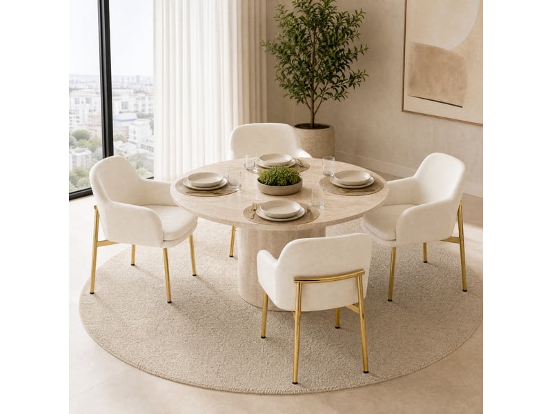 Lot de 4 chaises de salle à manger en polyester blanc avec accoudoirs, dossier ergonomique, pieds métal, patins réglables, charge 125 kg  - Conforama B